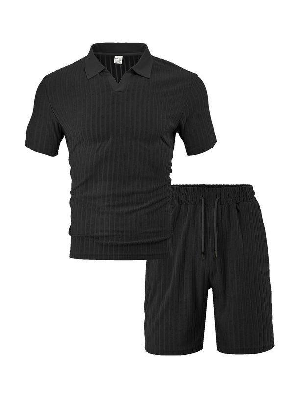 European And American Cross-border Men's Clothing Summer New Breathable Large Straight Strip Towel Jacquard Cloth Round Neck Men's Leisure Sports Suit_viptrois.com