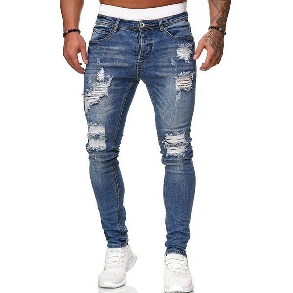 Men's Clothing Men's Slim Fit Denim Pants Ripped White Fashion Small Leg Long Midweight Cotton Jeans_viptrois.com