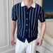 Men's Clothing Lapel Short Sleeved Knitted Sweater Cardigan Striped Business Slim Ice Silk Shirt_viptrois.com