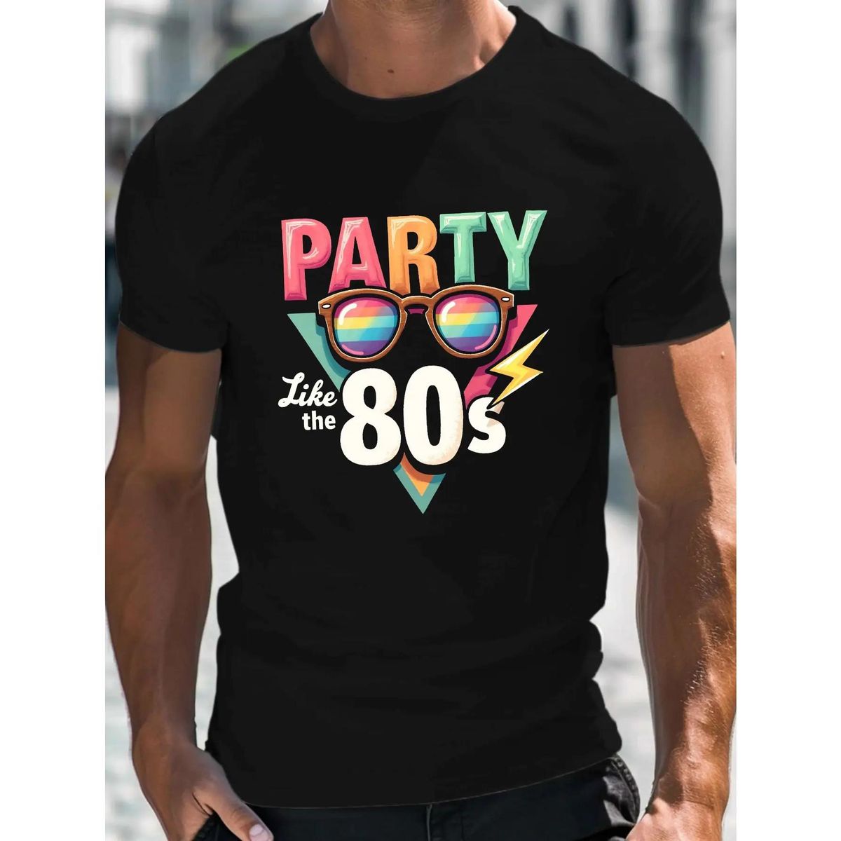Camiseta Gráfica Retro 80 Hombres - Diseño Vintage "Fiesta Como En Los 80" Con Gafas Moda Arcoíris Y Rayo, Casual Manga_viptrois.com