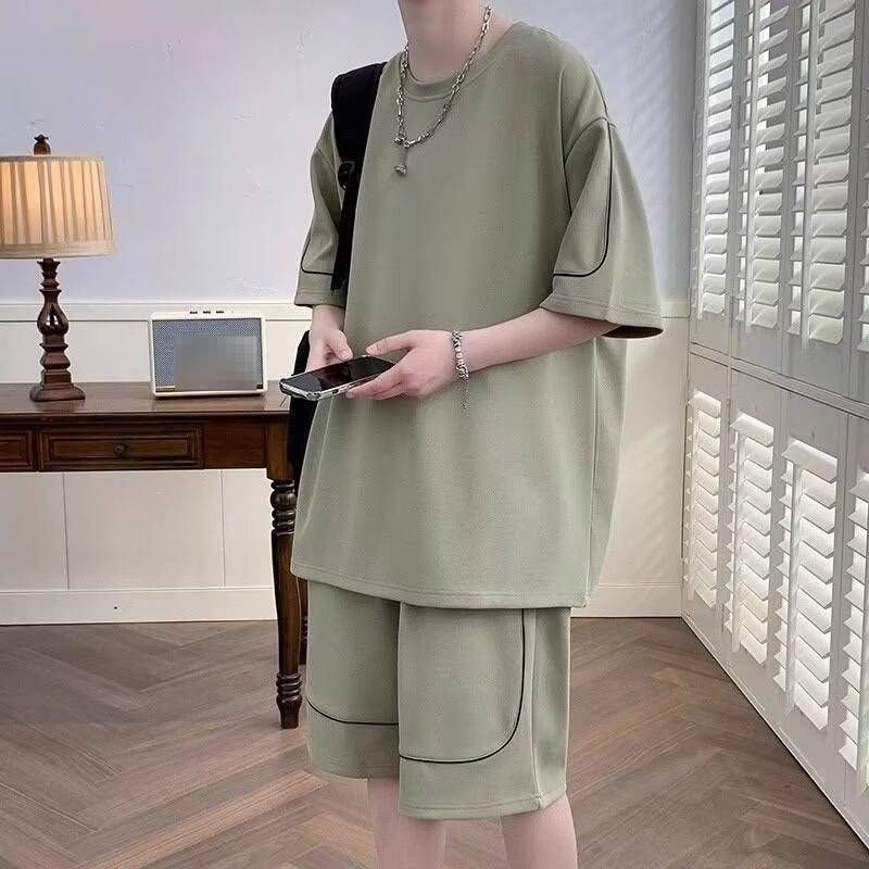 Men's Clothing Summer Waffle Knit Men's Sportswear Set Loose Fitting Short Sleeve Shirt And Shorts Plus Size Style Trendy Brand Clothes_viptrois.com