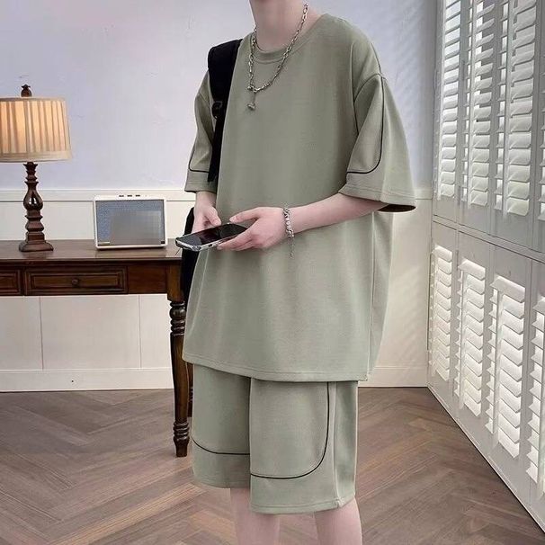 Men's Clothing Summer Waffle Knit Men's Sportswear Set Loose Fitting Short Sleeve Shirt And Shorts Plus Size Style Trendy Brand Clothes_viptrois.com