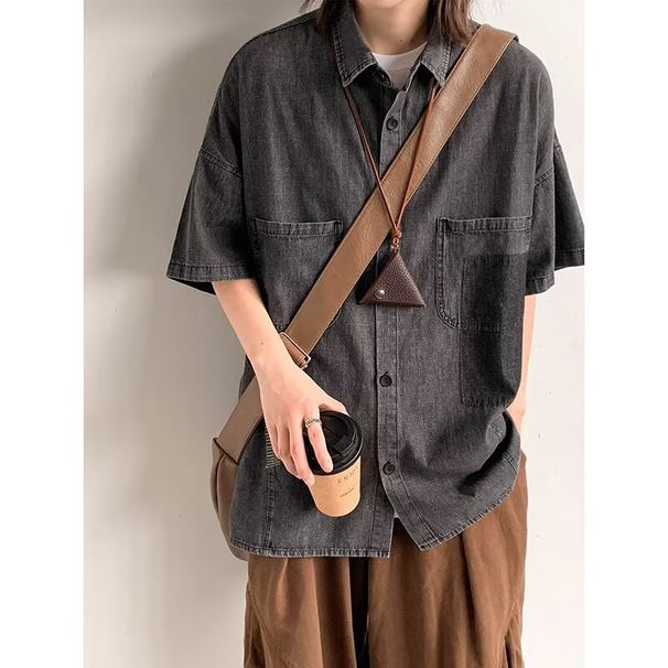 Men's Clothing Retro Washed Old Denim Shirt Short Sleeves Summer Trendy Ins Loose Design Work Shirt_viptrois.com