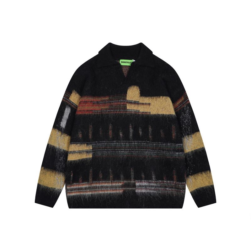 2026 New Environmentally Friendly Fabric Street Retro Color Color Matching Lapel Sweater Men's And Women's Autumn And Winter Trend Personality Loose L_viptrois.com