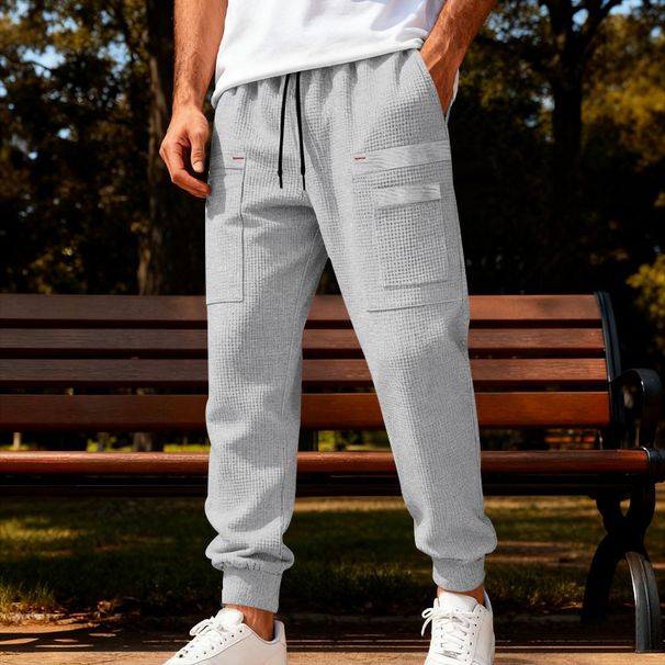 "Men's Waffle-Knit Relaxed Fit Cargo Pants – High Street & Streetwear Joggers With Breathable Polyester (S-XXXL,Multi-Pocket Design)"_viptrois.com