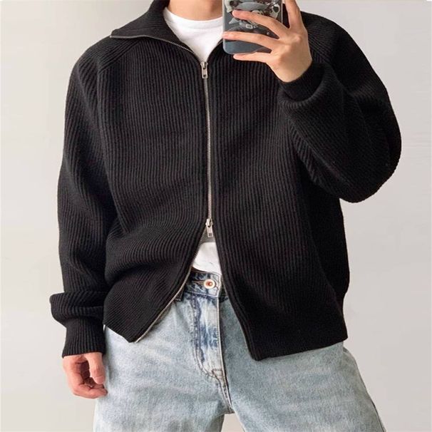 M-2XL Men's Clothing Popular Cardigan Sweater Men 2024 Heavy Craft Korean Version Stand Collar Solid Color Large Size Knitted Sweater Men's Coat Trend_viptrois.com