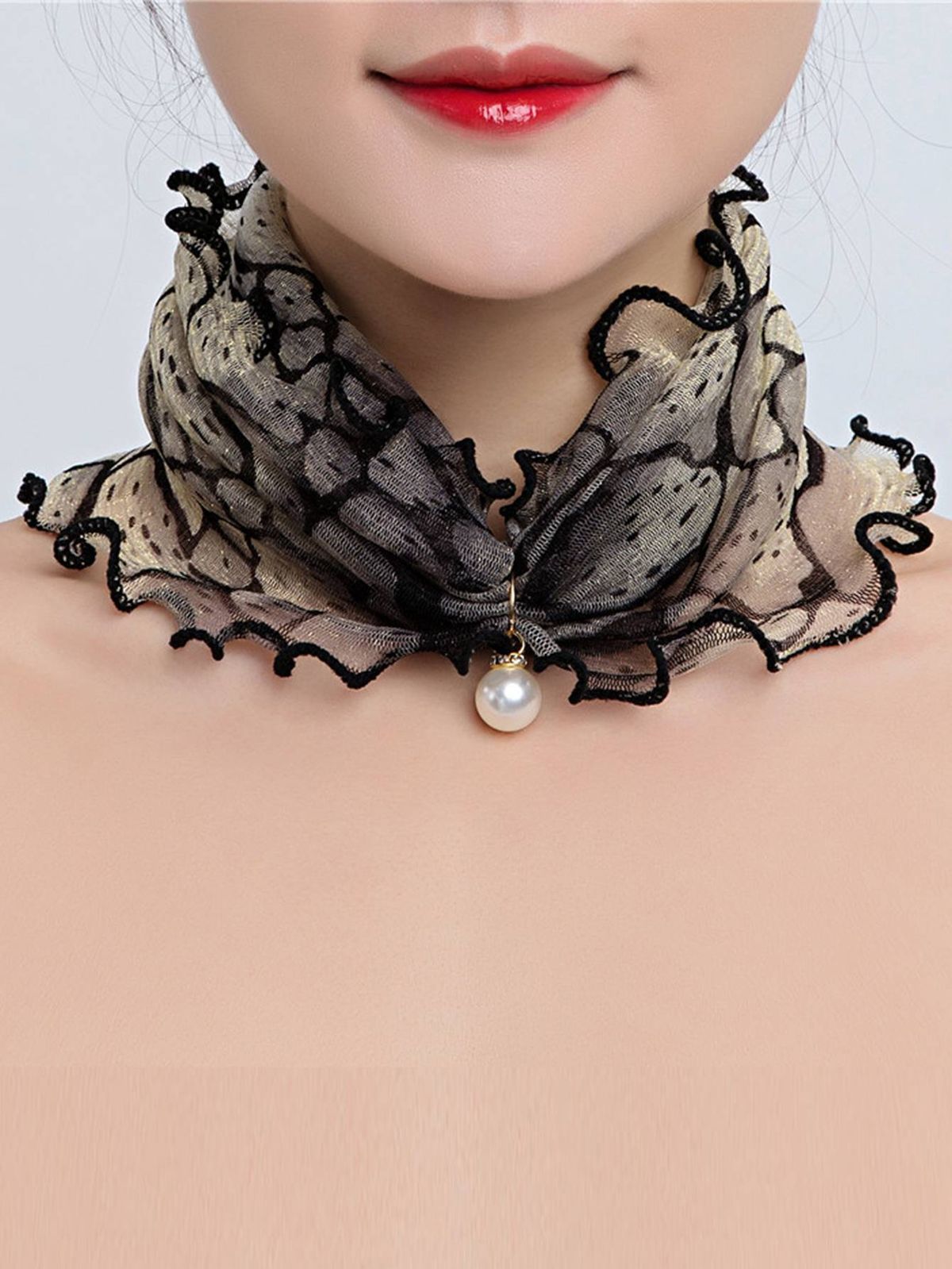 Women's Gold Steering Ring Pearl Pendant Fashion Silk Muslin Thin Neck Anti-UV Scarf Hair Bandana Bandage_viptrois.com