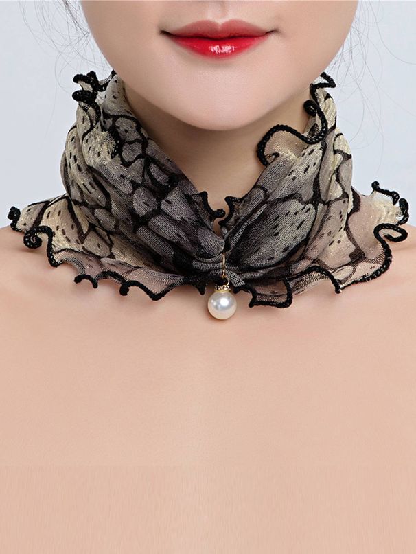 Women's Gold Steering Ring Pearl Pendant Fashion Silk Muslin Thin Neck Anti-UV Scarf Hair Bandana Bandage_viptrois.com