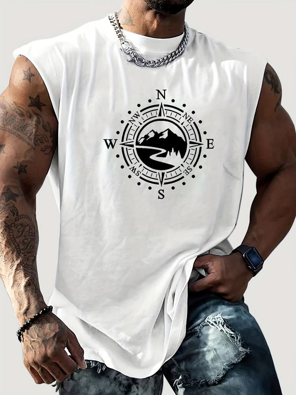 100% Pure Cotton Men's Summer Casual Sports Fitness Loose Mountain And Compass Pattern Printed Breathable Round Neck Sleeveless Vest_viptrois.com