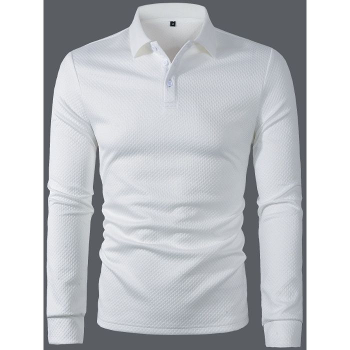 Men's Clothing Polo Shirt Solid Color Lapel Long Sleeved Tight White Top_viptrois.com