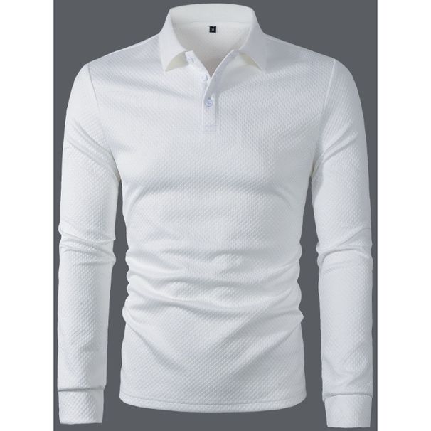 Men's Clothing Polo Shirt Solid Color Lapel Long Sleeved Tight White Top_viptrois.com