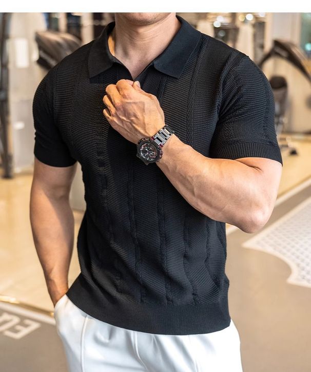 British Style Men's Knit Polo Shirt - Retro Short Sleeve Crew Neck Jacquard Textured Sweater With Drop Shoulder (Navy/Charcoal/Black/Coffee/White)_viptrois.com