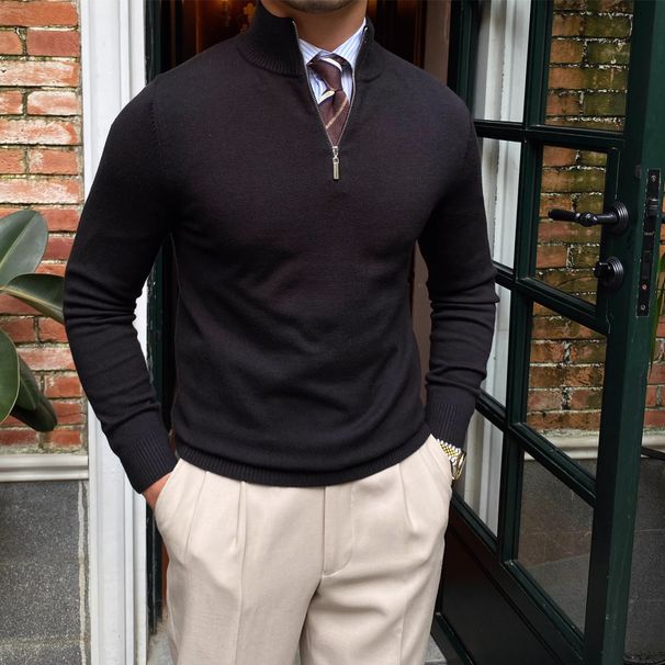 Men's Clothing Stand Collar Zipper Knitted Long Sleeve Sweater Slim Pullover Bottoming Sweater Outer Wear_viptrois.com