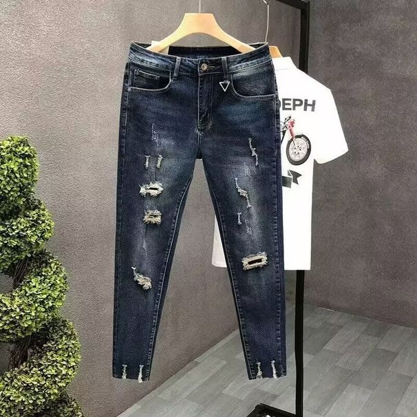 Men's Clothing Spring And Summer Personalized Ripped Jeans Trendy And Versatile Slim Elastic Straight Leg Pants_viptrois.com