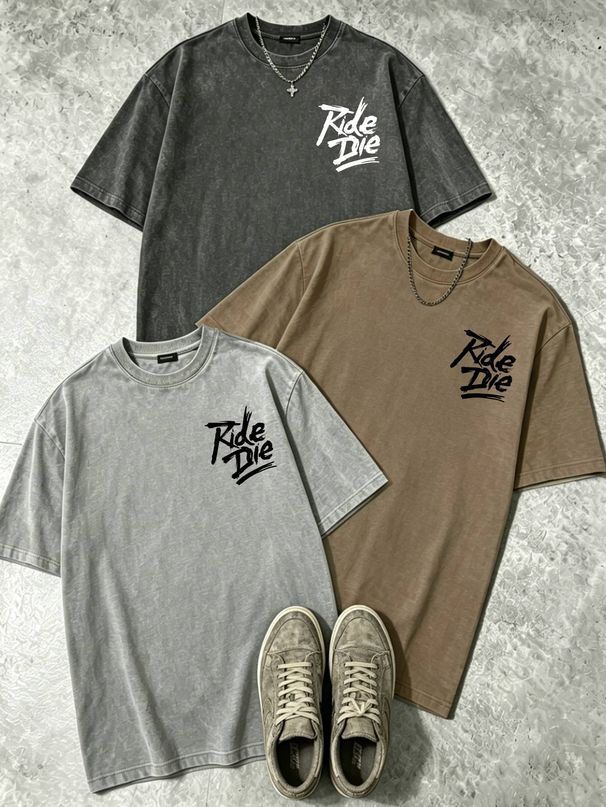 100% Cotton Washed Vintage Men's 3-Pack T-shirts Ride Die Graffiti Style Text Print Crew Neck Short Sleeve Casual Tops In Gray Brown Light Gray_viptrois.com