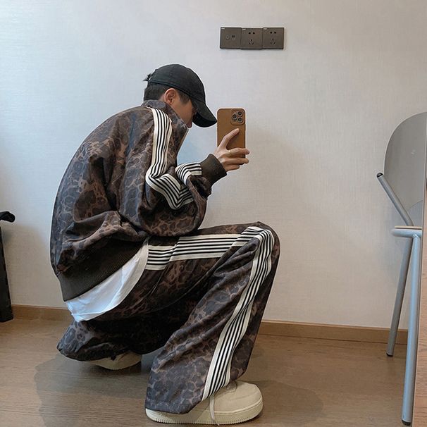 Men's Clothing retro leopard print sports suit jacket trendy brand men's vintage digital print striped jacket sweatpants_viptrois.com