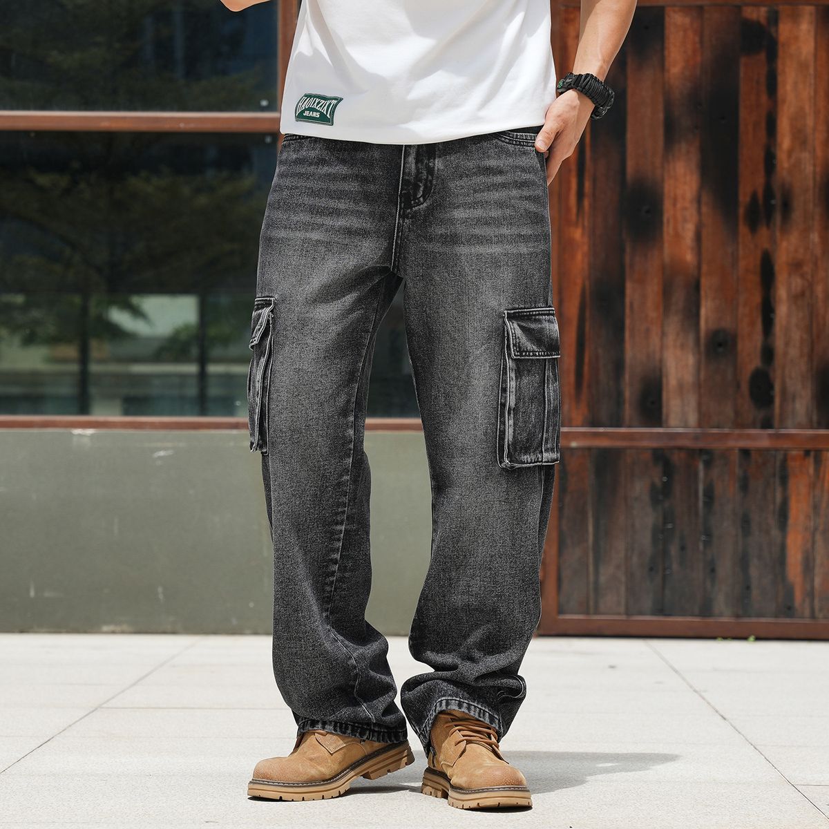 Multi-pocket European And American Tooling Jeans Men's Wide Legs Loose Large Size Cross Mirror_viptrois.com