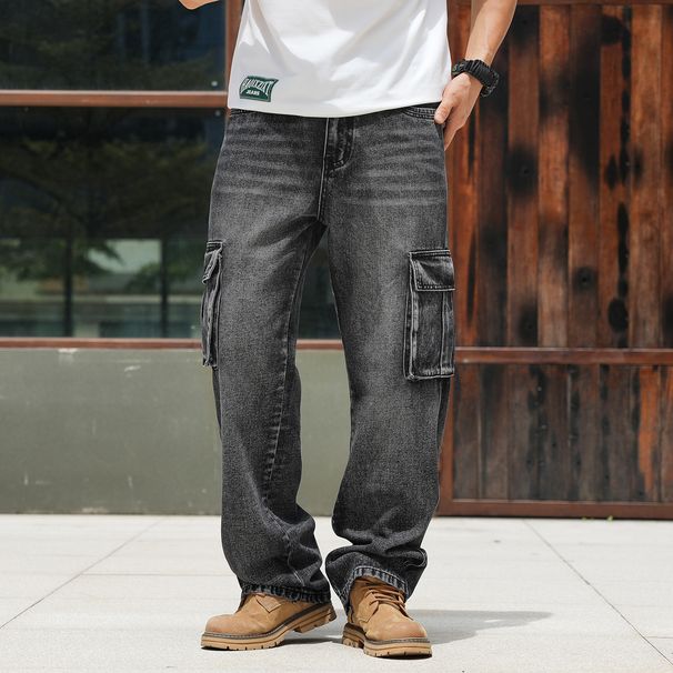 Multi-pocket European And American Tooling Jeans Men's Wide Legs Loose Large Size Cross Mirror_viptrois.com