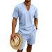 Men's Casual Loose Linen Shorts Set V Neck Short Sleeved Summer Vacation Wear 7 Solid Colors Available_viptrois.com