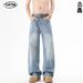 LKTM Men's Light Blue Washed Whiskered Jeans American Style Cleanfit Straight Leg Casual Loose Pants mid Waist Slight Stretch_viptrois.com
