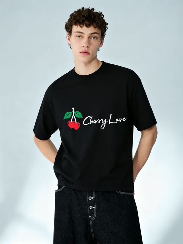 Cute Cherry Love Script Graphic Cotton T-Shirt Men's Casual Streetwear Tee_viptrois.com