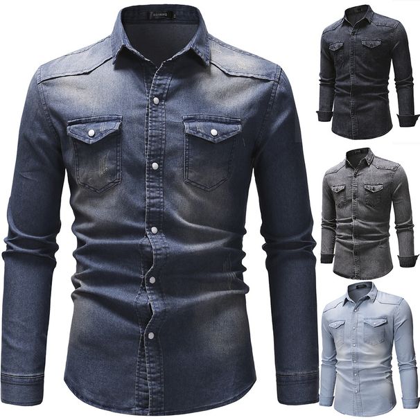 Pulse SKU: 3011 - New Retro European And American Simple Long Sleeve Denim Shirt For Men, Plus Size M-3XL_viptrois.com
