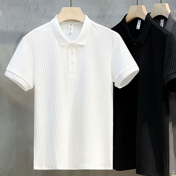 Men's Clothing Summer Pit Stripe Mercerized Knitted Polo Shirt Short Sleeve Trend Summer Top_viptrois.com