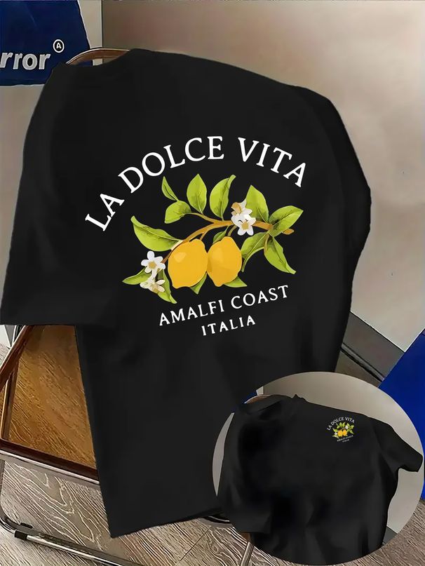 Maglietta Viola Pastello Uomo 180G Cotone Stampa Costa Amalfitana LA VITA, Leggera Per Viaggi Quotidiani_viptrois.com
