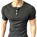 Men's Heavyweight Ribbed Cotton Henley T-Shirt Short Sleeved Slim Fit Button Down Style Fitness Training Top_viptrois.com