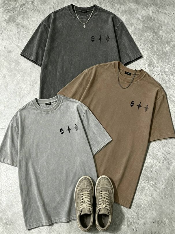 100% Cotton Washed Vintage Men's 3-Pack T-shirts Gothic Star And Butterfly Trio Print Crew Neck Short Sleeve Casual Tops In Gray Brown Light Gray_viptrois.com