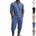 Men's Heavyweight Linen Casual Suit Summer High Street Striped Henley Shirt Joggers Set_viptrois.com
