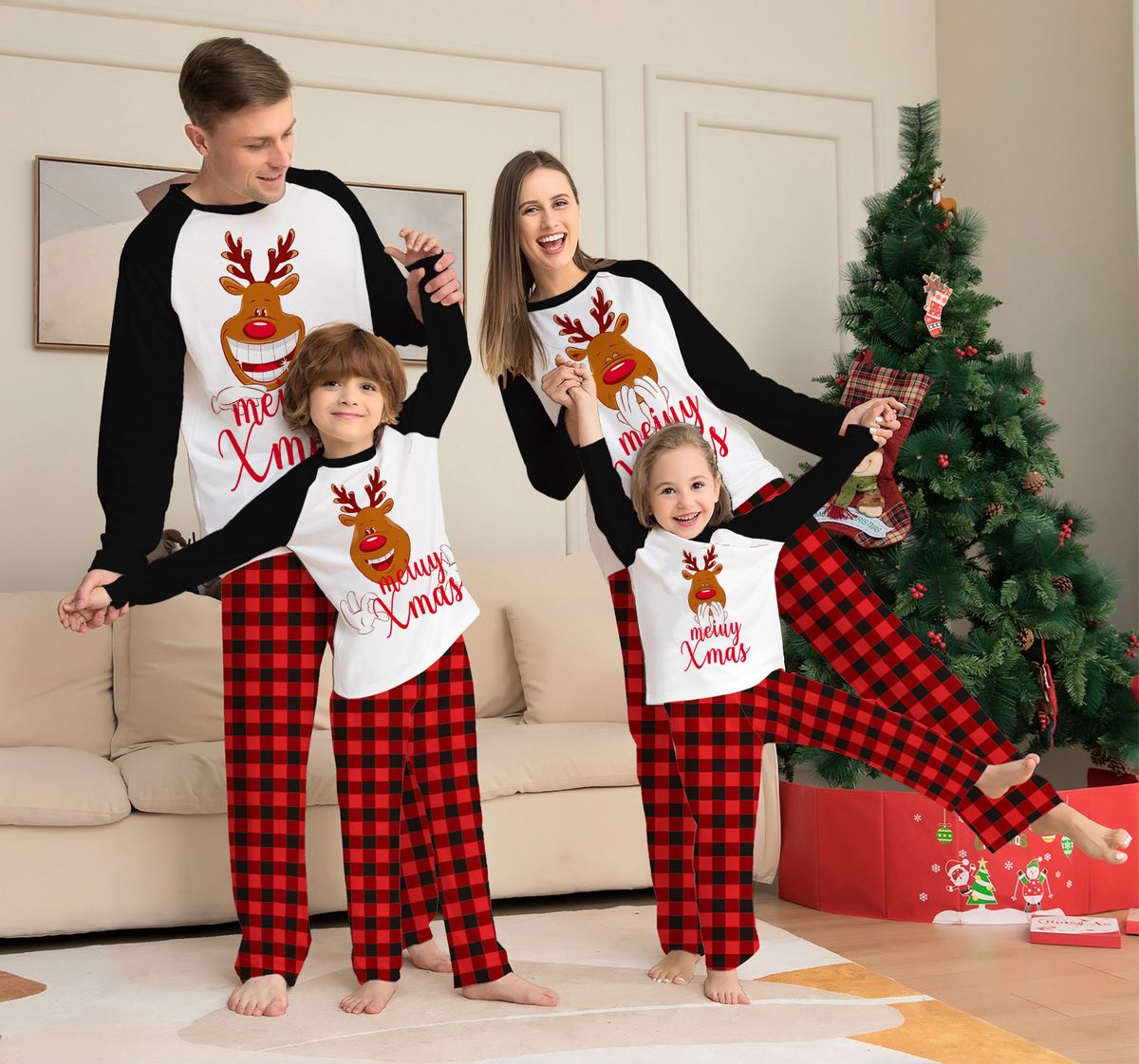Christmas Fawn letter plaid Christmas family print home dress pajamas_viptrois.com