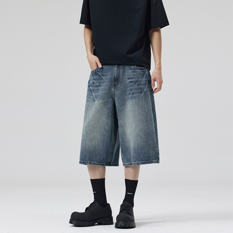 2025 2025 Summer American Lightning Crack Black Grey Jeans Men's Straight Tube Loose Wide Leg Shorts Y2k Street Hip Hop Sevens_viptrois.com