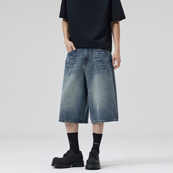 2025 2025 Summer American Lightning Crack Black Grey Jeans Men's Straight Tube Loose Wide Leg Shorts Y2k Street Hip Hop Sevens_viptrois.com