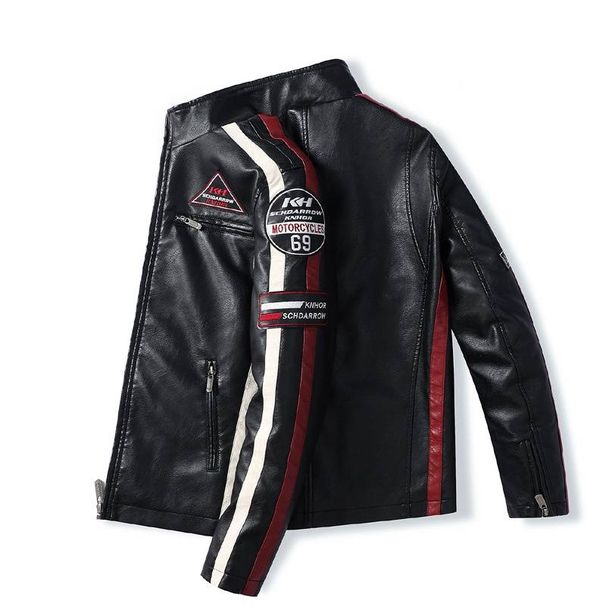 Men's Clothing Pu Jacket Motorcycle Racing Suit Trendy Men's Leather Jacket Plus Velvet Thin Section Labeling Contrast Color Jacket_viptrois.com