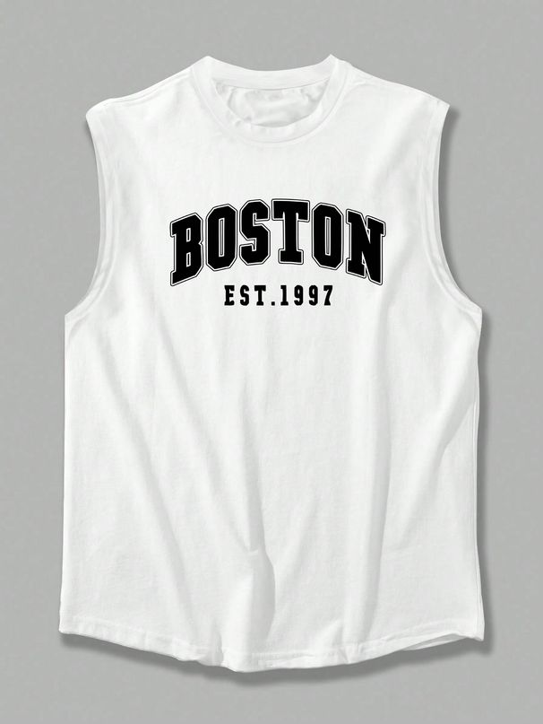 100% Cotton Men's Summer Casual Sports Fitness Loose Boston Est 1997 Printed Breathable Round Neck Sleeveless Vest_viptrois.com