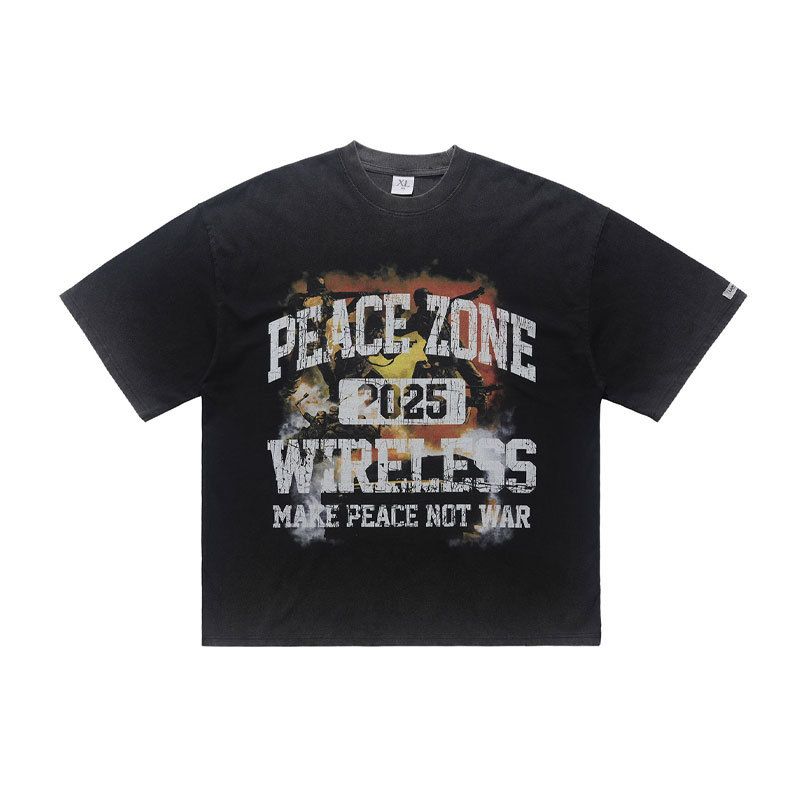 American Street Style Vintage Washed 300g Loose Casual Short Sleeve T-Shirt Versatile Unisex Top_viptrois.com