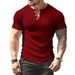 Men's New Solid Color Summer Versatile T-shirt Henley Shirt Casual Knit Short-sleeved Tops_viptrois.com