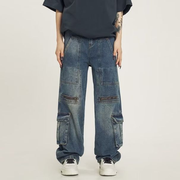 Men's Multi-pocket Cargo Jeans Loose Niche Straight Leg Wide Leg Retro Washed Jeans_viptrois.com