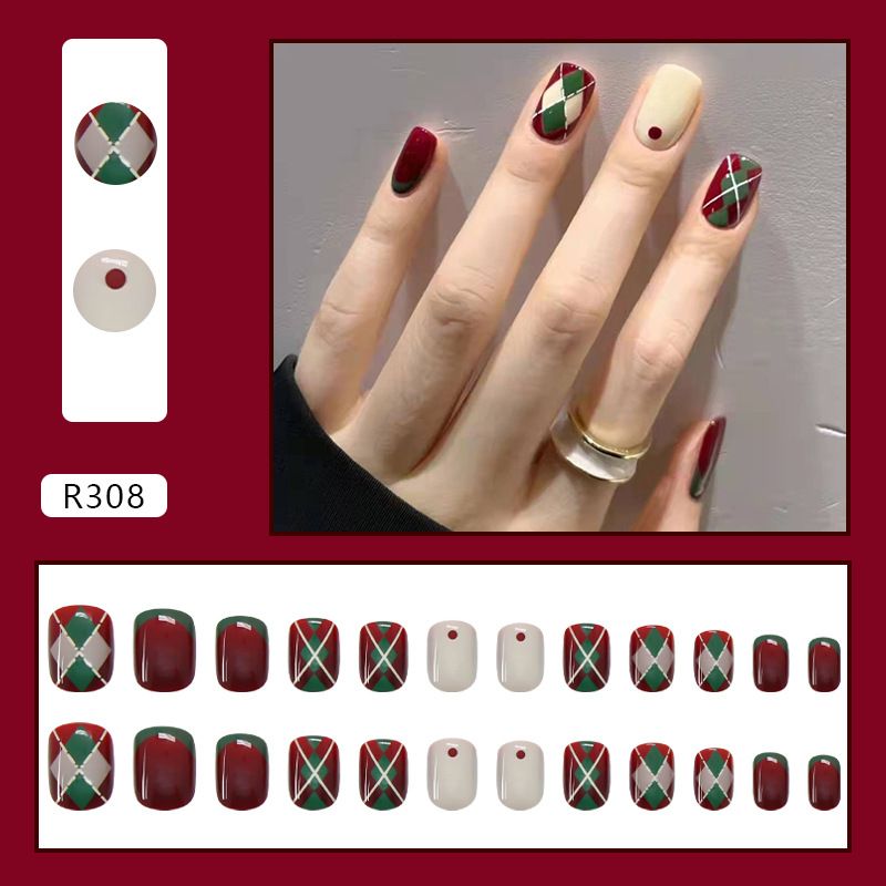 Christmas New Year Wearable Nail Sticker Red Rhomboid Dressing Nail False Nail Removable Nail Sticker_viptrois.com