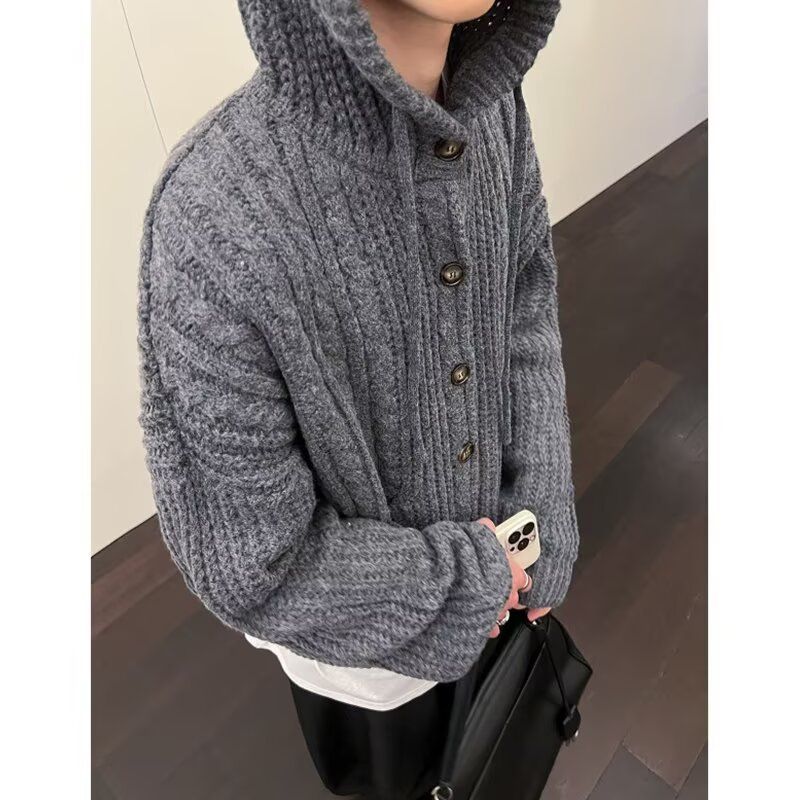 Solid Color Hooded Knitted Sweater For Men And Women, Versatile Fashion, Casual Style, Long Sleeved Cardigan_viptrois.com