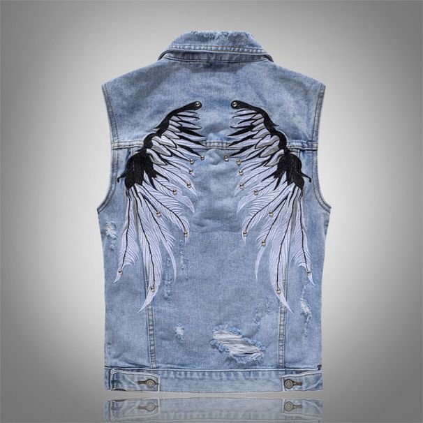 Men's Clothes Men Spring Summer Autumn Cowboy Vest Fashion Brand Men's Vest Sleeveless Wings Embroidered Rivet Casual Vest_viptrois.com
