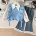Mother & Kids Girls Spring Suit Long Sleeve 2025 New Children's Fashion Knitted Vest Shirt Suit With Lace Jeans_viptrois.com