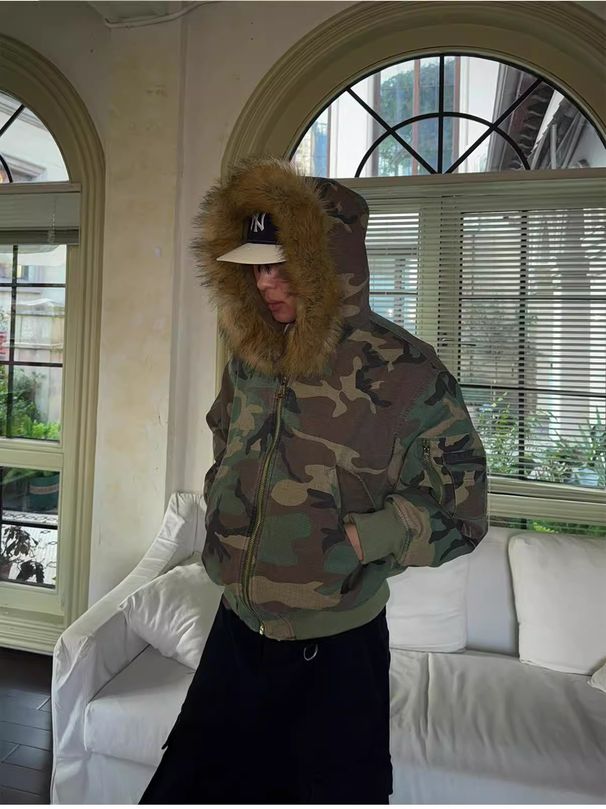 Men's Clothing New Double Sided Wear Mountain Carving Fur Collar Camouflage Plus Velvet Thickened Cotton Coat Men's Jacket Trendy Cotton Jacket_viptrois.com