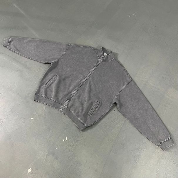 Men's Clothing Heavyweight Loopback Streetwear Jacket – YKK Zipped Stand Collar Oversized Fleece Hoodie With Wax Dye Wash (Black/Mud Grey/Charcoal)_viptrois.com