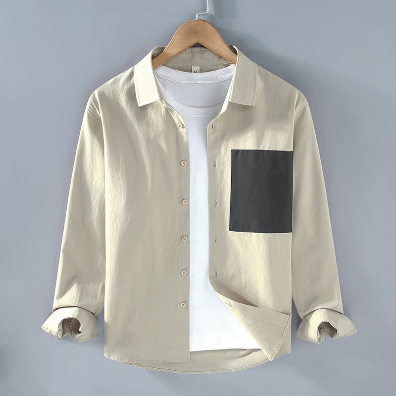 Autumn Men's Clothing Color Blocking Design Pocket Long Sleeved Open Top Shirt Men's Outerwear Top_viptrois.com