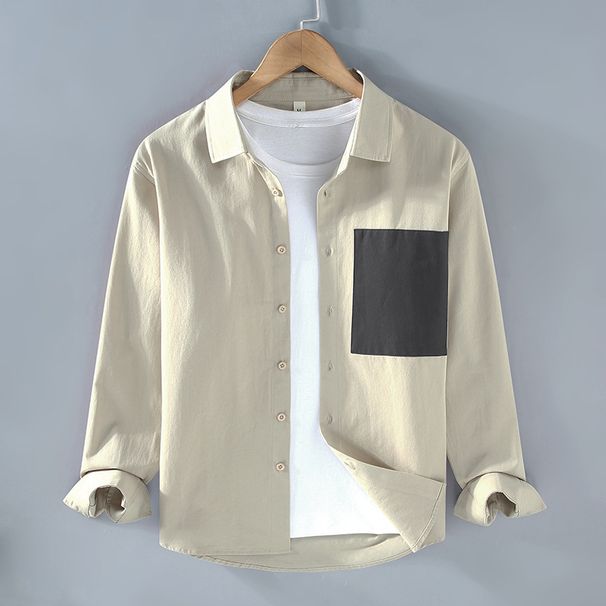 Autumn Men's Clothing Color Blocking Design Pocket Long Sleeved Open Top Shirt Men's Outerwear Top_viptrois.com