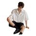Men's Clothing Summer High End Light Mature Men's Handsome Casual Short Sleeved Boys Black Shirt Three Quarter Sleeve Top_viptrois.com