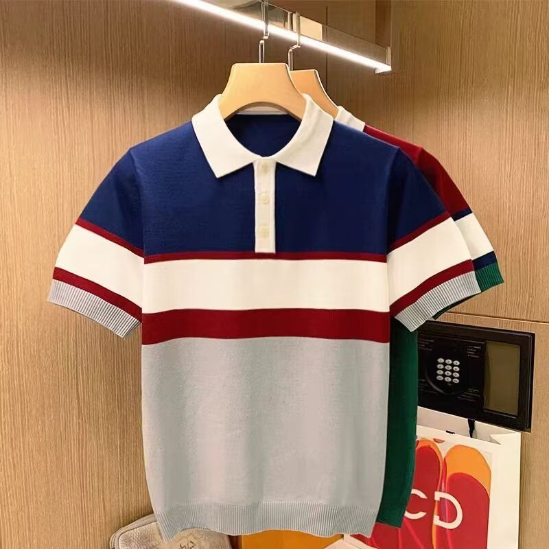 Men's Clothing Summer Fashion Contrast Color Yuppie Short Sleeved T Shirt Light Luxury Retro Casual Personality Color Matching Knitted Polo Shirt_viptrois.com