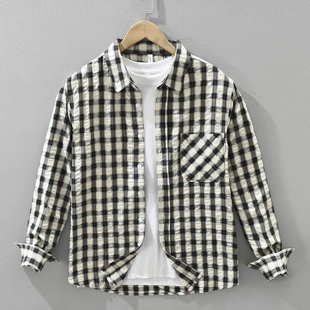 Retro Checkered Men's Long Sleeved Shirt, Fashionable And Versatile, Artistic And Casual Loose Top_viptrois.com